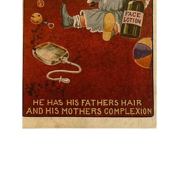 Antique Posted 1911 Ephemera Postcard Humorous Artwork Baby With Toupee Lotion - Picture 3 of 5